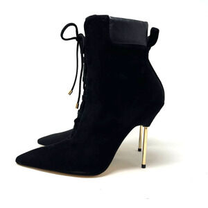 Good American Scandal Lace Up Stilleto Booties Suede Black Size 9.5 GA012K-X